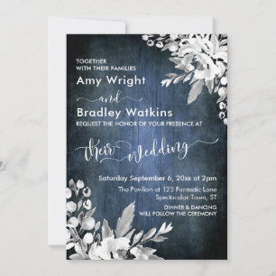 White Floral Watercolor Rustic Blue Grunge Wedding Invitation