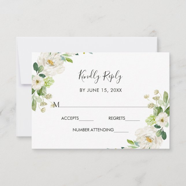 White Floral Watercolor Wedding RSVP Card (Front)