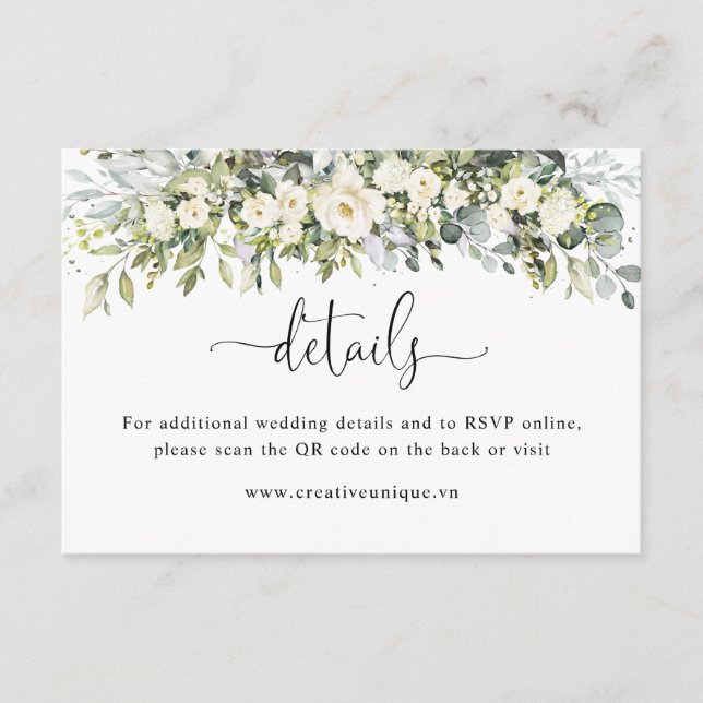 White Floral Website QR Code Details Enclosure Card (Front)