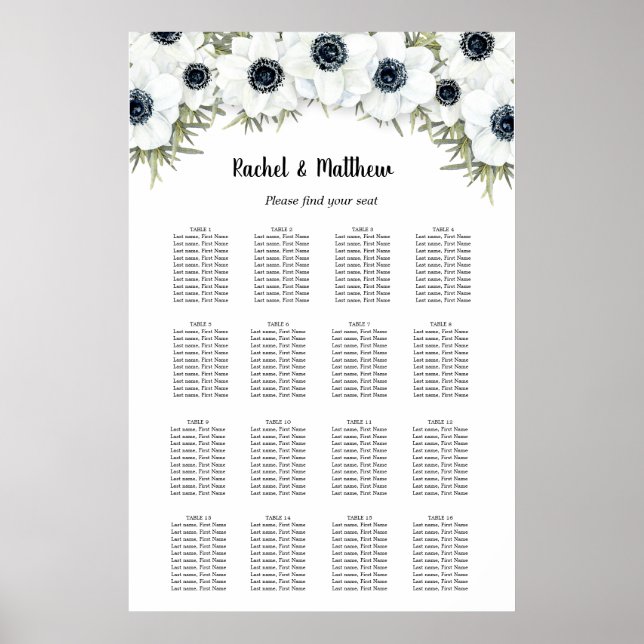 White Floral Wedding 16 Table Seating Chart (Front)