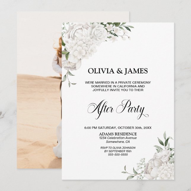 White Floral Wedding After Party Invitation (Front/Back)