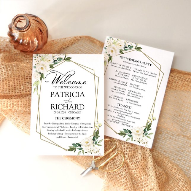 White Floral Wedding Ceremony Program Card (Creator Uploaded)