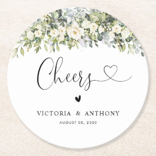 White Floral Wedding Cheers Round Coaster