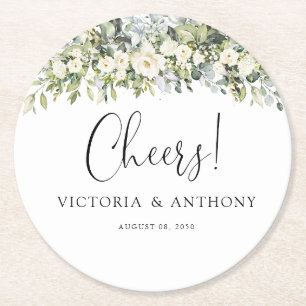 White Floral Wedding Cheers Round Coaster