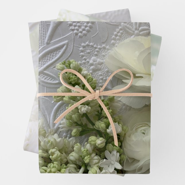 White floral wedding giftwrap wrapping paper sheet (In situ)