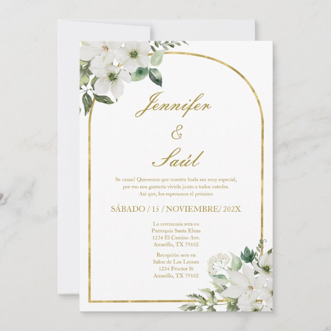 White Floral Wedding Invitation in Spanish (Front)
