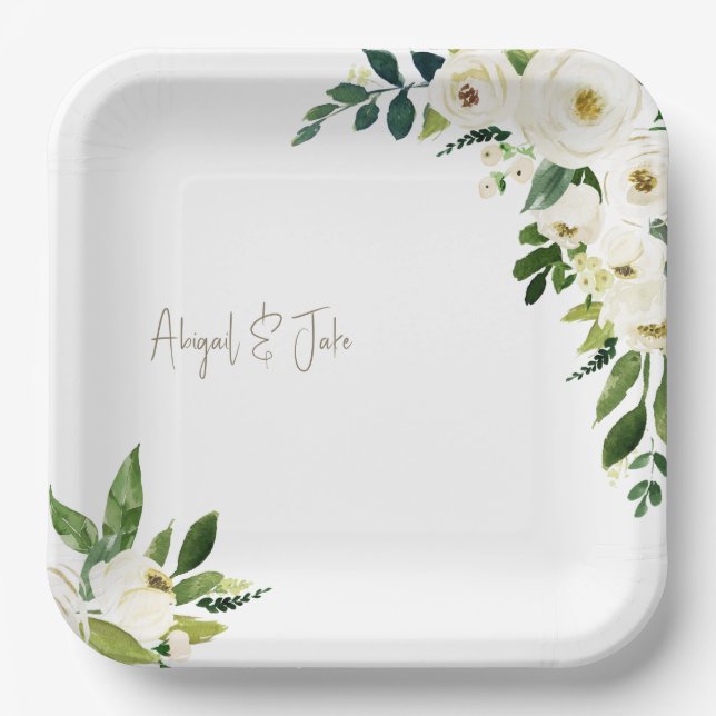White Floral Wedding Paper Plate (Front)