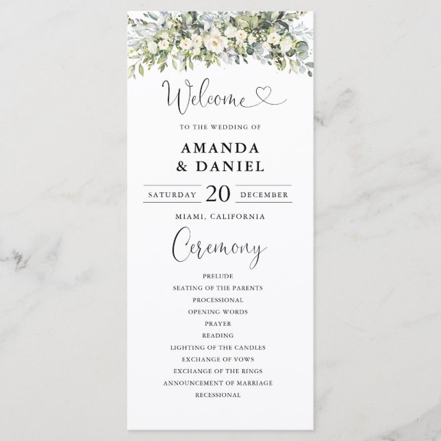 White Floral Wedding Program (Front)
