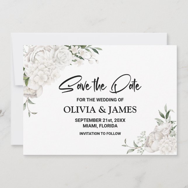 White Floral Wedding Save The Date (Front)