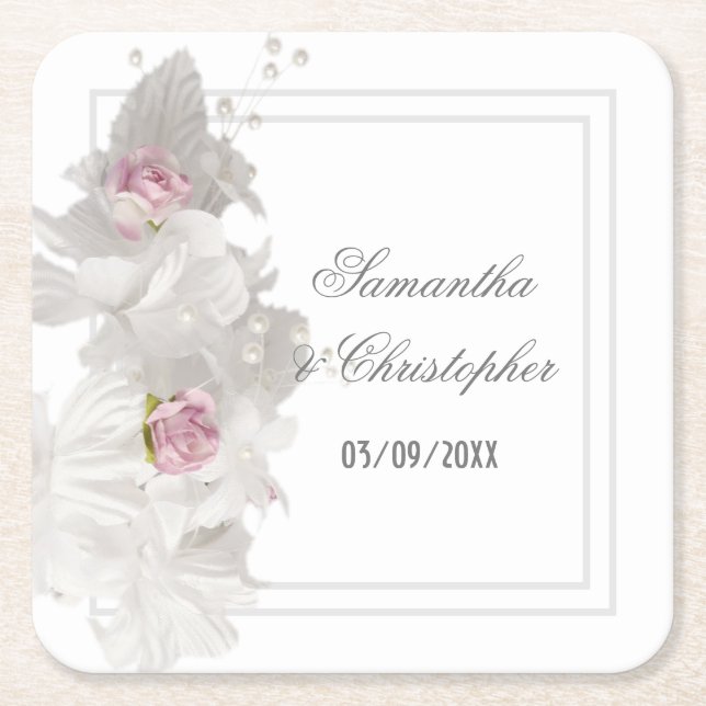 White floral wedding square paper coaster (Front)