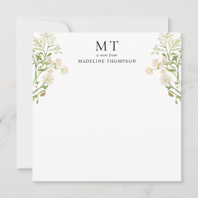 White Floral Wildflower Classic Monogram Square Card (Front)