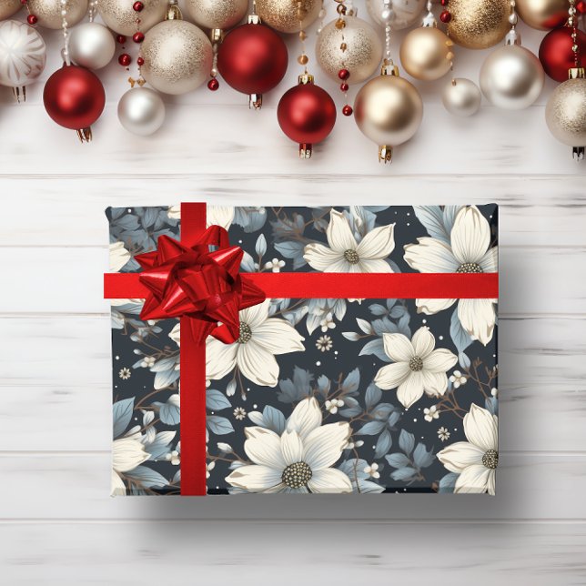 White floral winter botanical garden  wrapping paper (Vintage floral holidays wrapping paper)