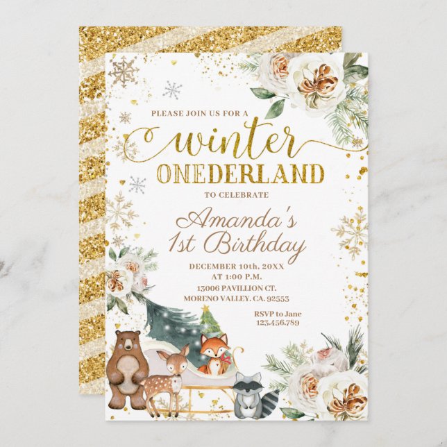 White Floral Winter Onederland Birthday Invitation (Front/Back)