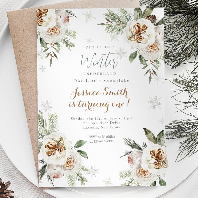White Floral Winter Onederland Birthday Invitation (Creator Uploaded)