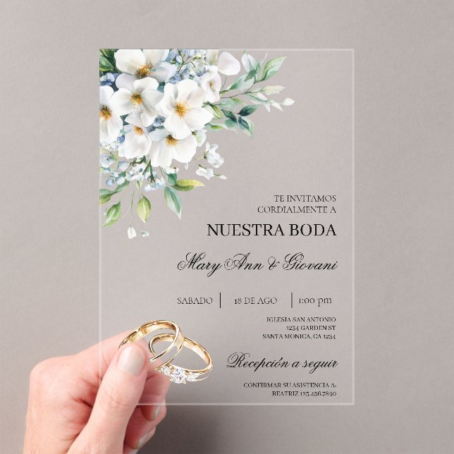 White Floral with gold ring Spanish Wedding Acrylic Invitations (Insitu (Handheld))