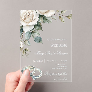 White Floral with gold ring Wedding Acrylic Invitations