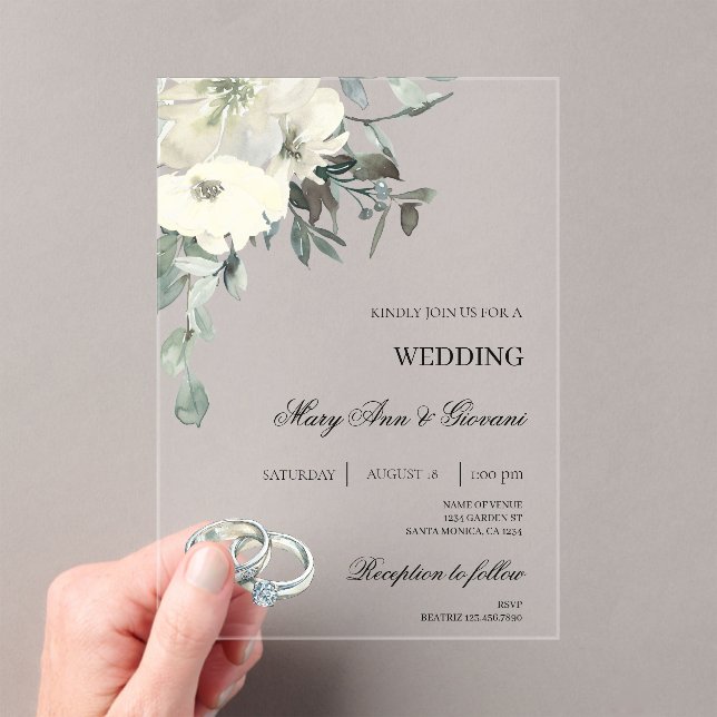 White Floral with gold ring Wedding Acrylic Invitations (Insitu (Handheld))
