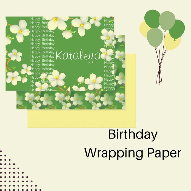 White Floral with green background birthday  Wrapping Paper Sheet (Creator Uploaded)