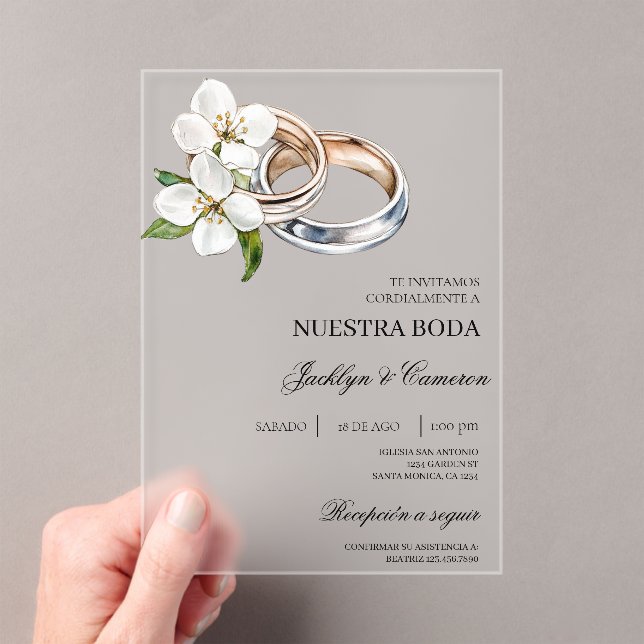 White Floral with ring Spanish Wedding Acrylic Invitations (Insitu (Handheld))