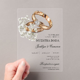 White Floral with ring Spanish Wedding Acrylic Invitations
