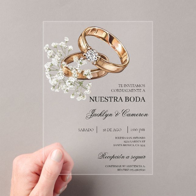 White Floral with ring Spanish Wedding Acrylic Invitations (Insitu (Handheld))