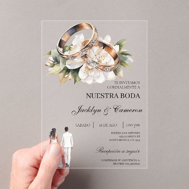 White Floral with ring Spanish Wedding Acrylic Invitations (Insitu (Handheld))