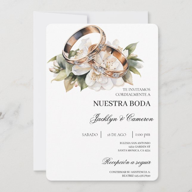 White Floral with ring Spanish Wedding Invitation (Front)