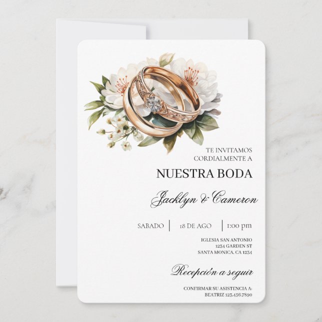 White Floral with ring Spanish Wedding Invitation (Front)
