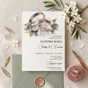 White Floral with ring Spanish Wedding Invitation
