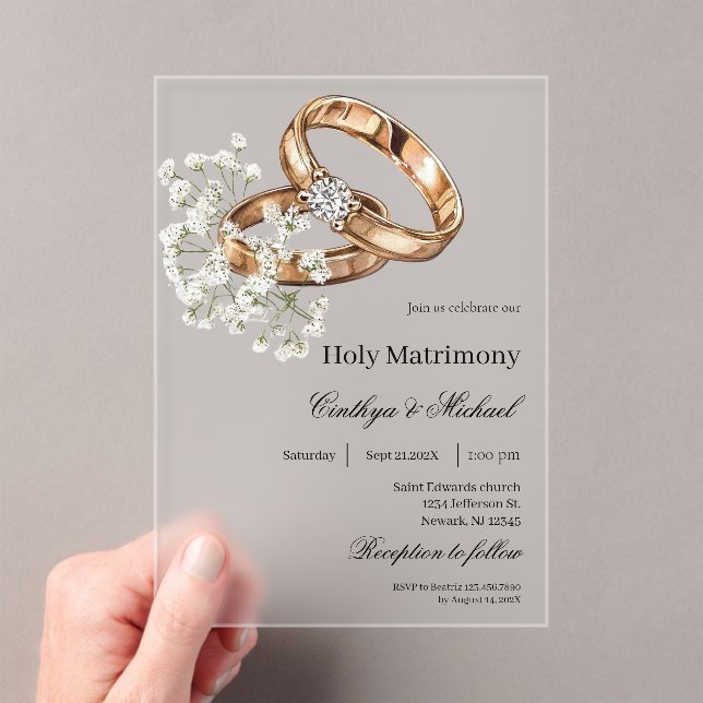 White Floral with ring Wedding Acrylic Invitations (Insitu (Handheld))