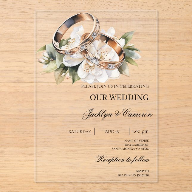 White Floral with ring Wedding Acrylic Invitations (Front)