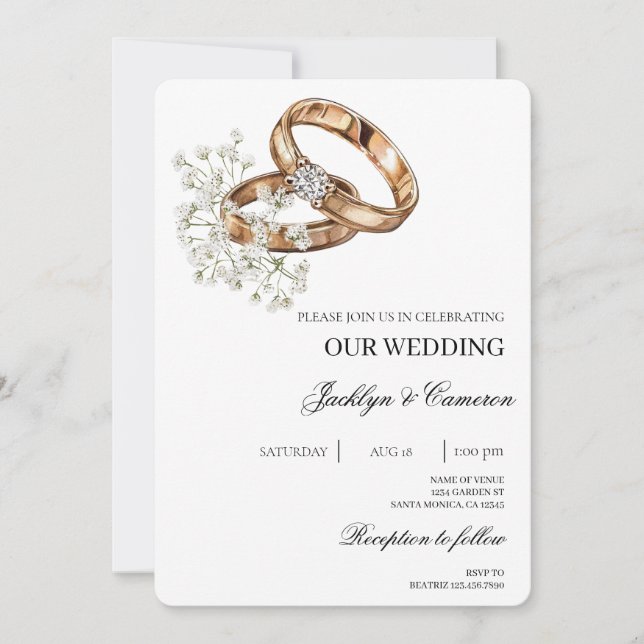 White Floral with ring Wedding Invitation (Front)