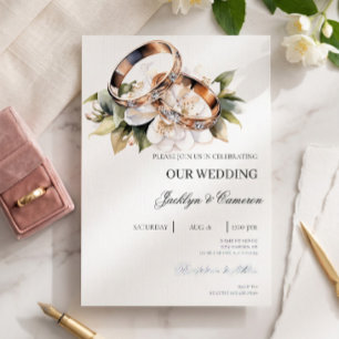 White Floral with ring Wedding Invitation