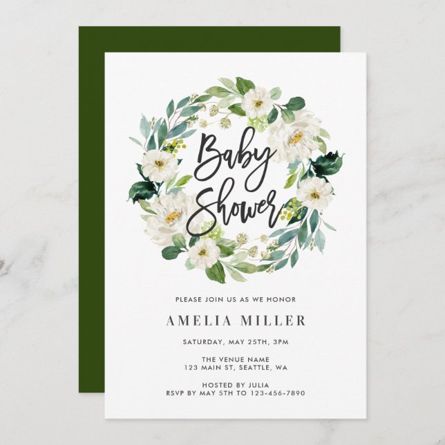 White Floral Wreath Baby Shower Invitation (Front/Back)