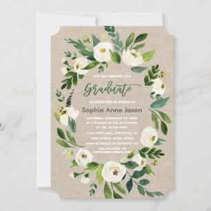 White Floral Wreath Burlap Handwriting GRADUATION Invitation