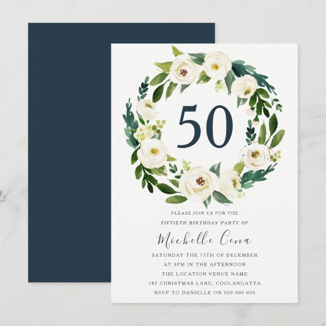 White Floral Wreath Green 50th Birthday Party Invitation (Front/Back)