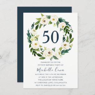 White Floral Wreath Green 50th Birthday Party Invitation