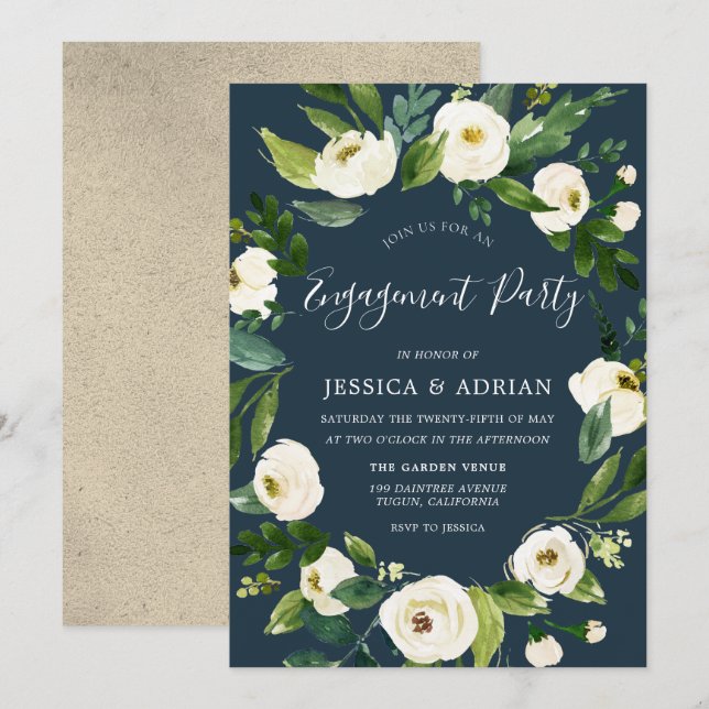 White Floral Wreath Modern Engagement Party Invite (Front/Back)