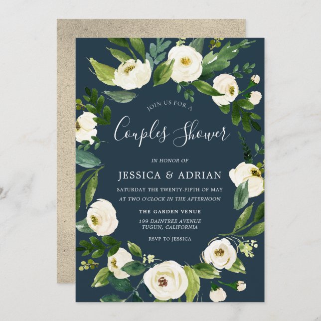 White Floral Wreath Modern Wedding Shower Invite (Front/Back)