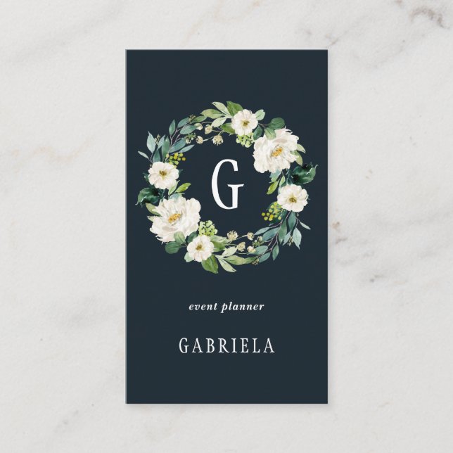 White Floral Wreath Monogram Business Card (Front)