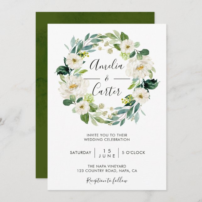 White Floral Wreath Wedding Invitation (Front/Back)
