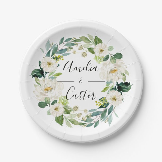 White Floral Wreath Wedding Paper Plate (Front)