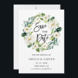 White Floral Wreath Wedding Save the Date Card<br><div class="desc">White Floral Wedding Save the Date Card featuring a wreath of watercolor white flowers with green foliage. For more advanced customisation of this design,  Please click the "Customise" button. Matching items are also available.</div>