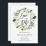 White Floral Wreath Wedding Save the Date Card<br><div class="desc">White Floral Wedding Save the Date Card featuring a wreath of watercolor white flowers with green foliage. For more advanced customisation of this design,  Please click the "Customise" button. Matching items are also available.</div>
