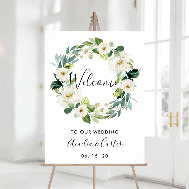 White Floral Wreath Wedding Welcome Sign (Creator Uploaded)