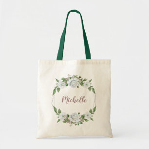 White Floral Wreath with Name Tote Bag