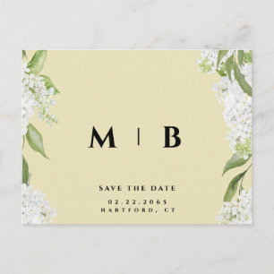 White Floral Yellow Monogram Wedding Save Date  Postcard