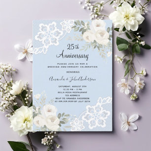 White florals blue 25th wedding anniversary invitation
