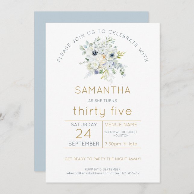 White Florals Eucalyptus 35th Birthday Party Invitation (Front/Back)