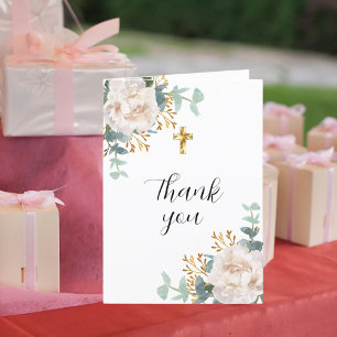 White florals eucalyptus cross photo baptism thank you card